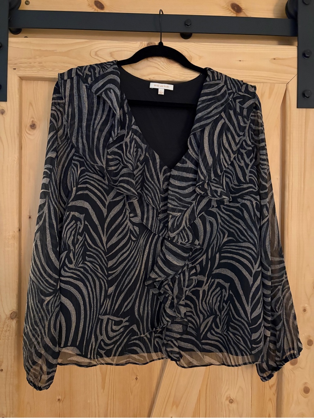 Skies Are Blue Black and Gray Ruffle Zebra-Print Blouse